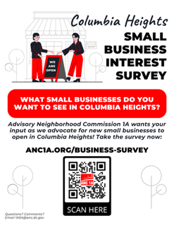 Flyer for Columbia Heights Small Business Interest Survey with QR code linking to survey