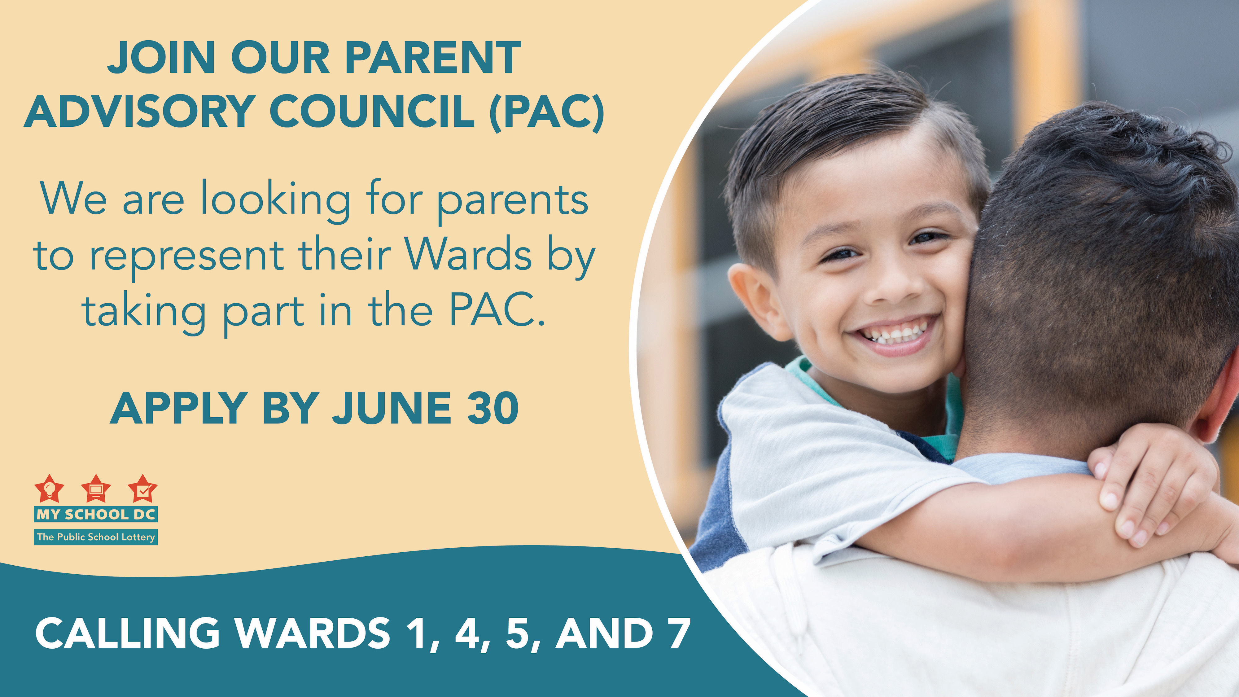 Smiling child with arms wrapped around parent. Join our parent advisory council. Apply by June 30
