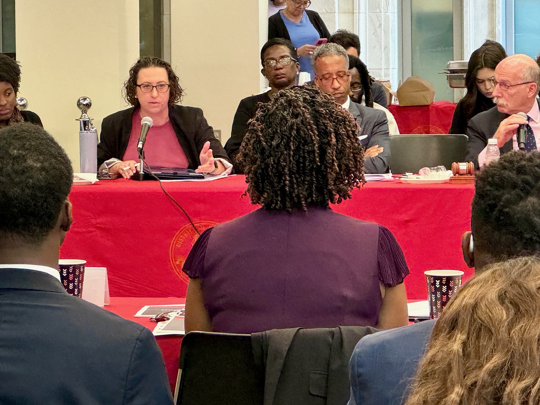 Councilmember Nadeau, facing the camera, is seated at a table with red tablecloth, speaking into a microphone, with councilmembers seated at either side. In the foreground is the back of Mayor Bowser's head, as she is facing Councilmember Nadeau across from her.