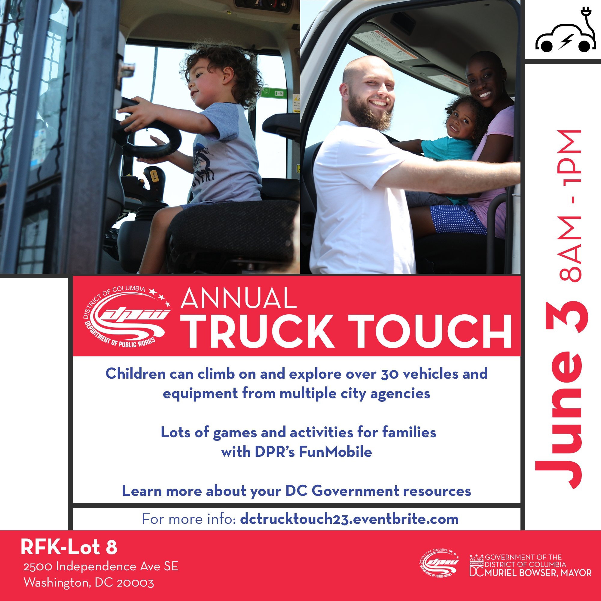 Small child sitting in the cab of a large municipal truck with hands on steering wheel.