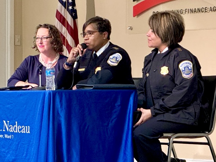 Councilmember Nadeau, Chief Smith, with microphone in hand, and Assistant Chief Kane sit at table facing audience. American flag is behind them.