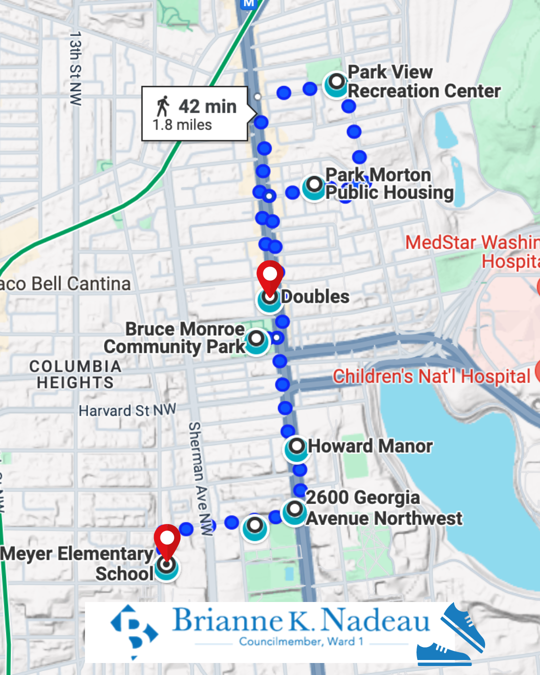 Map showing walking route