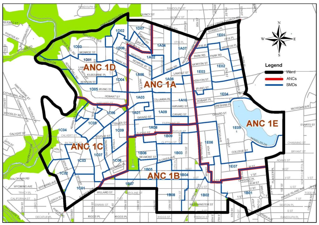 Map of Ward 1 showing boundaries of each Advisory Neighborhood Commission.