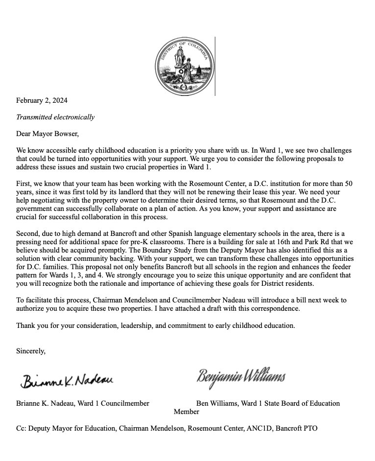 Letter to the Mayor with signatures from Councilmember Nadeau and State Board of Education Representative Ben Williams.