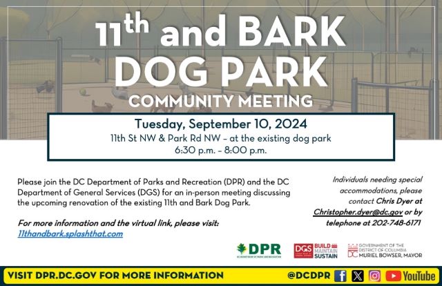 Flyer for 11th and Bark Dog Park Community Meeting, Tuesday September 10, 6:30 pm