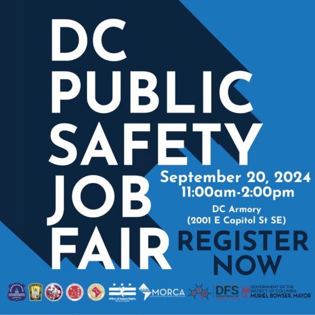 Flyer for DC Public Safety Job Fair, blue background with white text, September 20, 1 - 2 pm, registration required