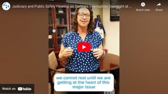 Screenshot of YouTube video of Councilmember Brianne K Nadeau speaking about Judiciary and Public Safety Hearing on violence interruption programs