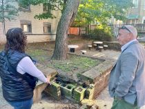 Councilmember Brianne K Nadeau points to the damage of a brick wall that surrounds an area where a tree is planted in grass. Councilmember Frumin looks on to her right. In the distance, an area with seating on concrete is visible.