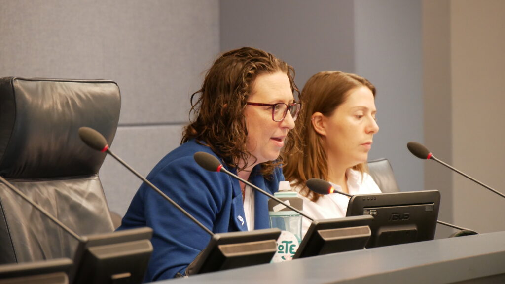 Photo of Councilmember Brianne K Nadeau sitting on the dais in a hearing room speaking into a microphone. Female staff member sits next to her in the background.