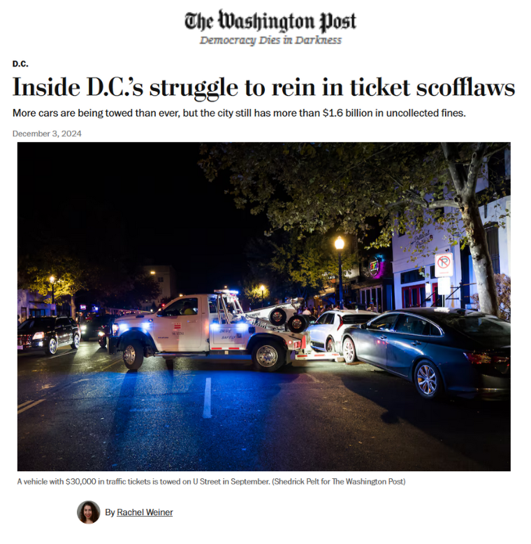 Screenshot of Washington Post story: Inside DC's struggle to rein in ticket scofflaws