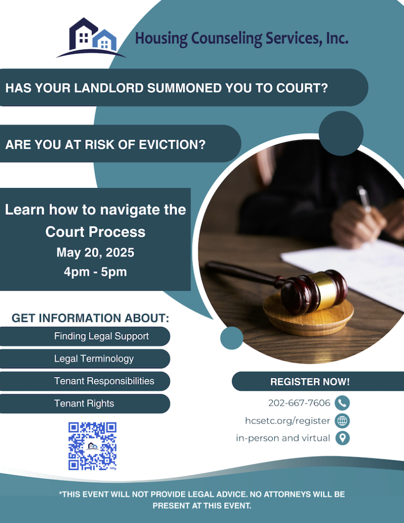Housing Counseling Services flyer. Learn how to navigate the court process May 20 4-5 pm.