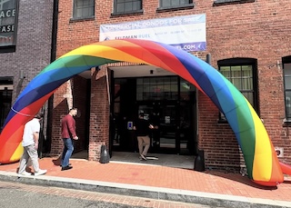 Exterior of the newly opened DC Center with a rainbow balloon arch