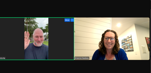 Commissioner Monte Achenbach and Brianne K Nadeau appear in side by side boxes on a Zoom meeting