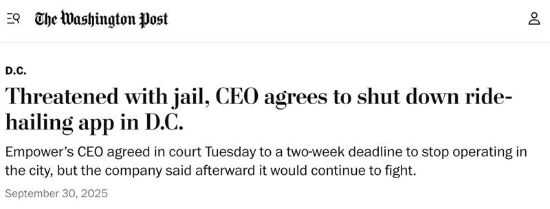Screenshot of Washington Post article - threatened with jail CEO agrees to shut down ride-hailing app in DC