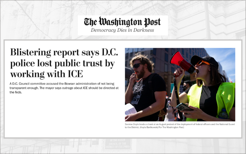 Screenshot of Washington Post headline that reads "Blistering report says DC police lost public trust by working with ICE" and photo of ICE protestors