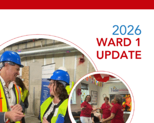 Cover photo of report - 2026 Ward 1 Update. Photo of two people wearing high vis vests and hard hats. Photo of people in red polos dancing.
