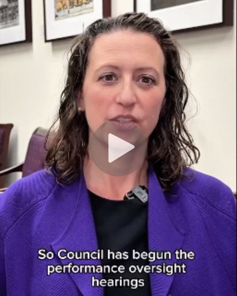 Video screenshot of Councilmember Nadeau speaking. Caption reads: So Council has begun the performance oversight hearings" Image links to full video.