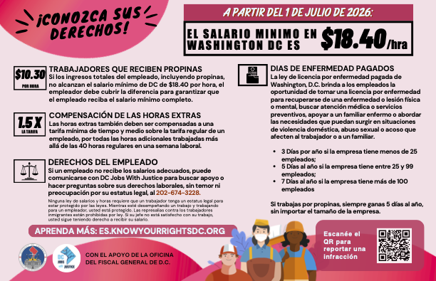 Cartel con información sobre empleados que reciben propinas, compensación por horas extras y otros derechos laborales. Pueden leer en https://es.knowyourrightsdc.org/