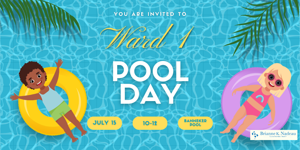 Ward 1 Pool Day July 15, 10-noon graphic of cartoon people floating in a pool