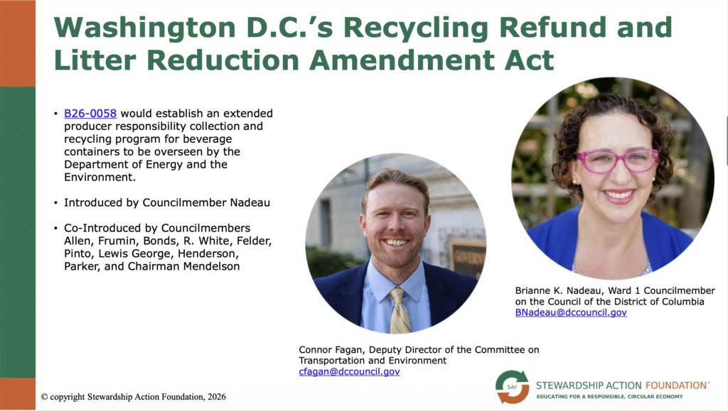 Screenshot from Powerpoint presentation with info about Bottle Bill and photo of Councilmember Nadeau